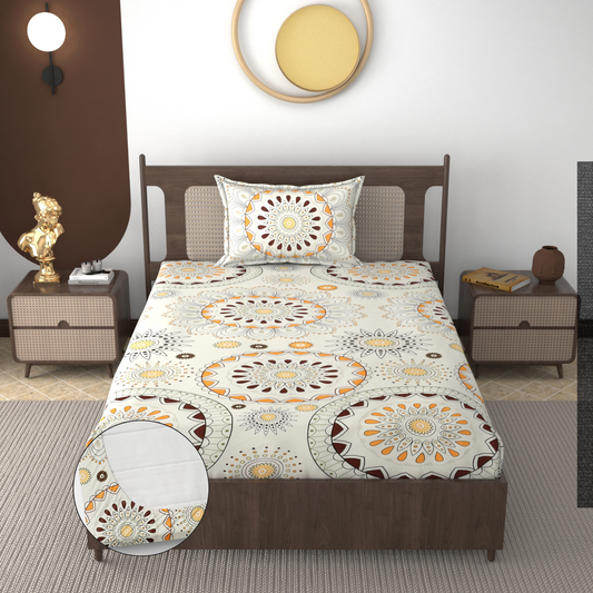 Furnofy 140 GSM Elastic Fitted Single Bedsheet (78 * 48 inches with 6" to 8" Pocket Size) with 1 Pillow Cover (18x 27 inches) - Floral Multicolors