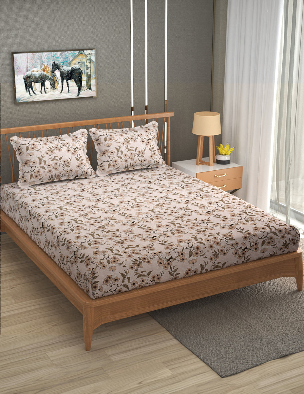 Furnofy Premium Printed Double Bedsheet (90x100 Inches) with 2 Pillow Covers (Flat, Floral) - Peach & Brown