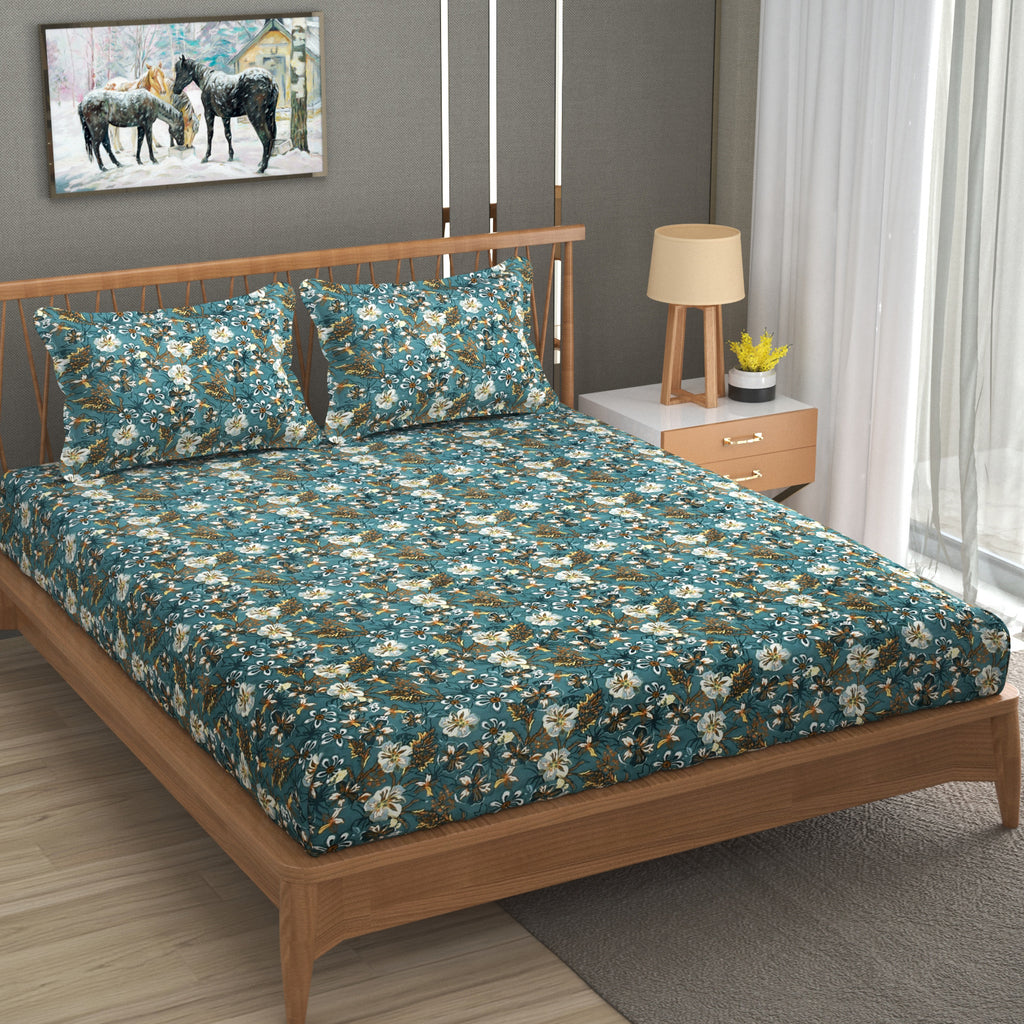 Furnofy Premium Fitted Double Bedsheet with 2 Pillow Covers (L-78" x B-72" + 6" Pocket) - Fitted, Green & Blue - Floral