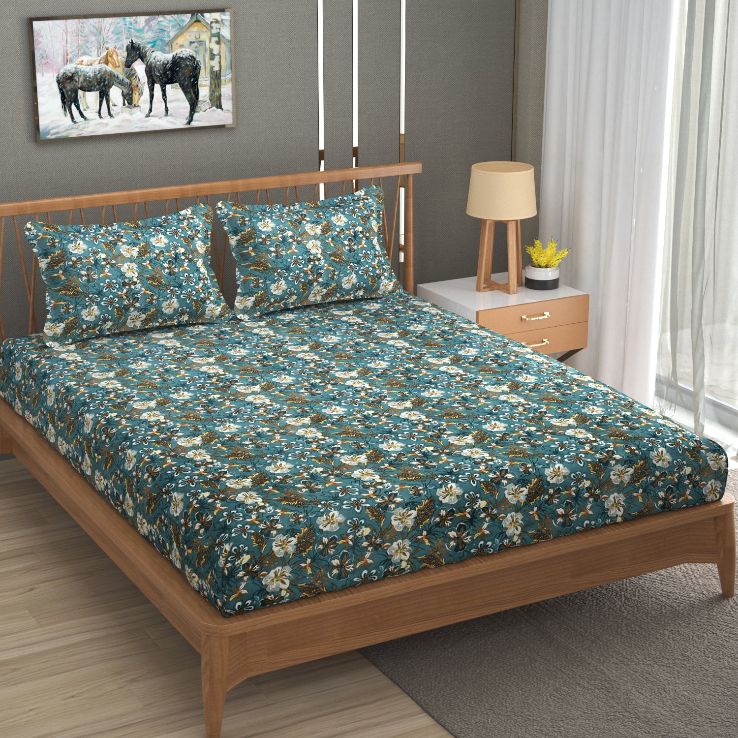 Furnofy Premium Fitted Double Bedsheet with 2 Pillow Covers (L-78" x B-72" + 6" Pocket) - Fitted, Green & Blue - Floral