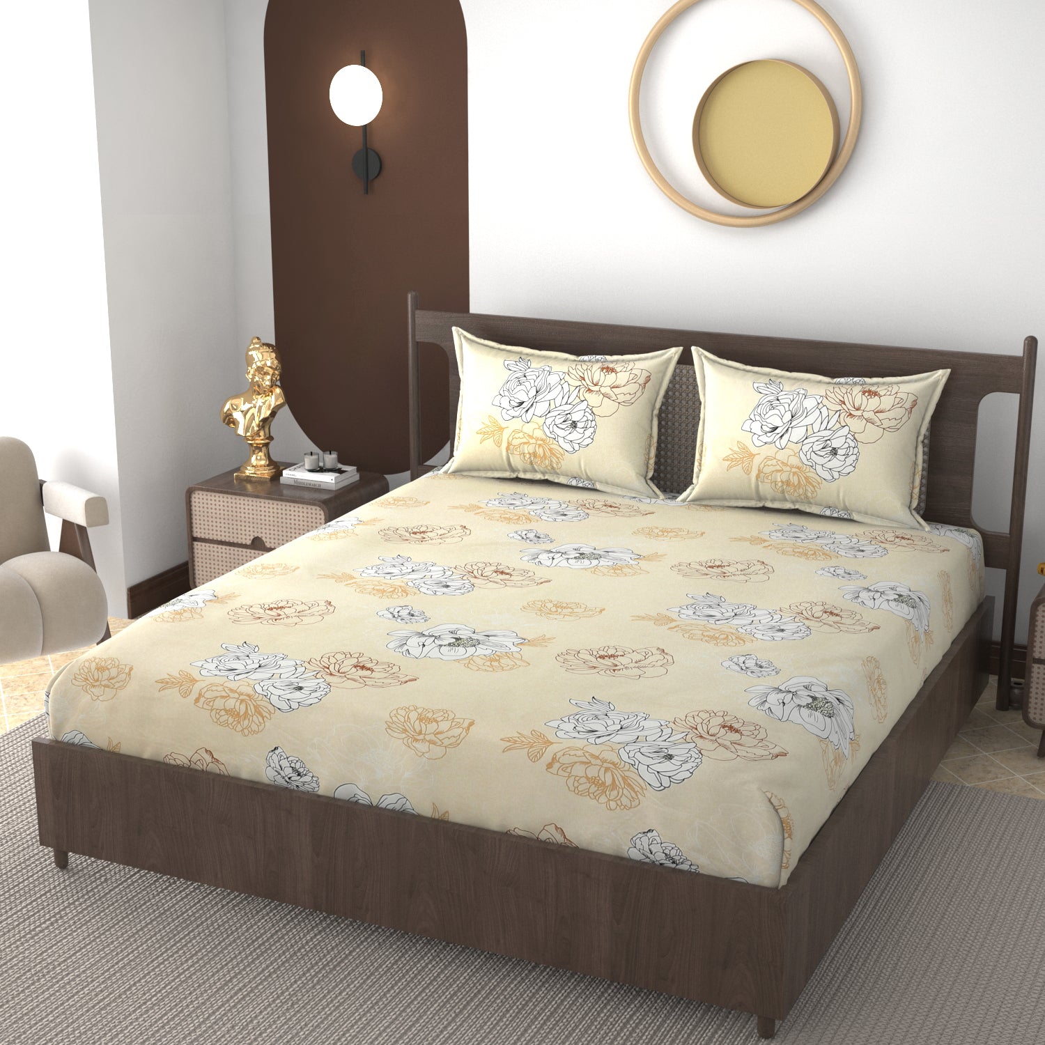 Furnofy 140 GSM Fitted  Double Bedsheet (78"x72" + 6" Pocket Size) with 2 Pillow Covers (18x27 inches)