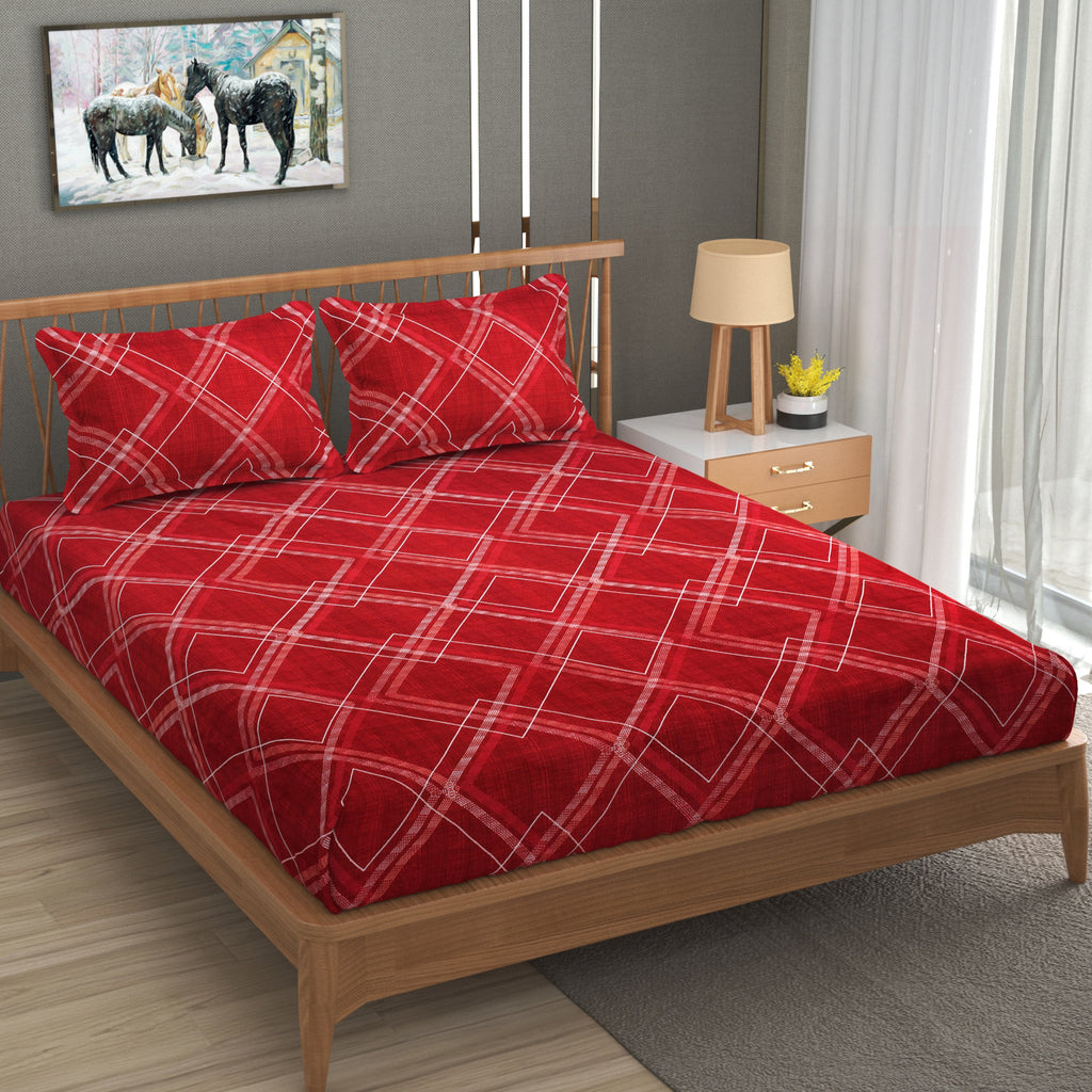 Furnofy Premium Fitted Double Bedsheet with 2 Pillow Covers (L-78" x B-72" + 6" Pocket) - Fitted, Red & White