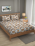 Furnofy Premium Printed Double Bedsheet (90x100 Inches) with 2 Pillow Covers (Flat, Geometric) - Grey & Mustard