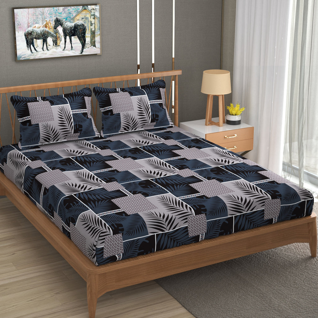 Furnofy 140 GSM Flat King Size Bedsheet (108 x 108 inches) with 2 Pillow Covers (18 x 27 inches) - Black - Floral