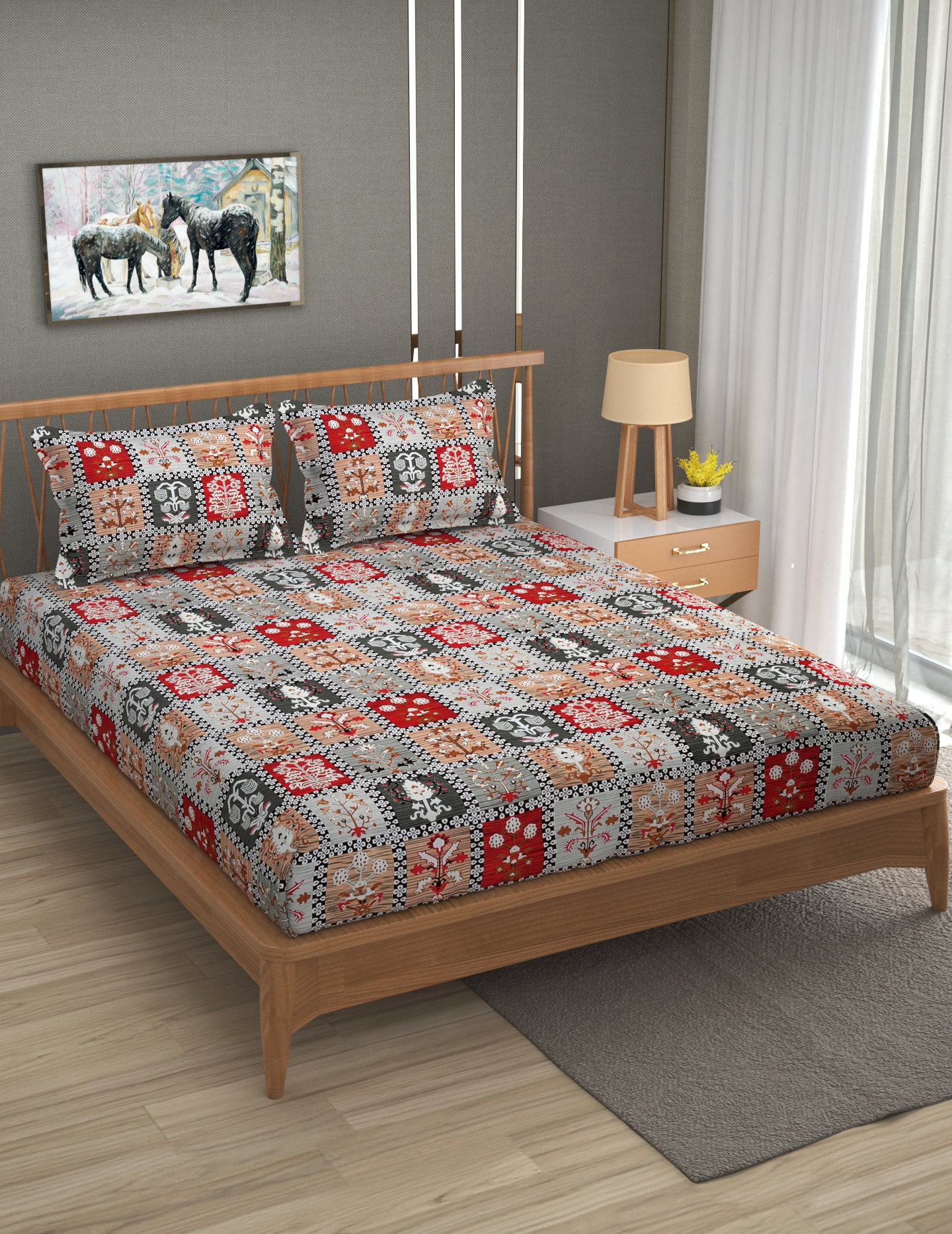 Furnofy Premium Christmas Theme Printed Double Bedsheet (90x100 Inches) with 2 Pillow Covers (Flat, Geometric) - Multicolor