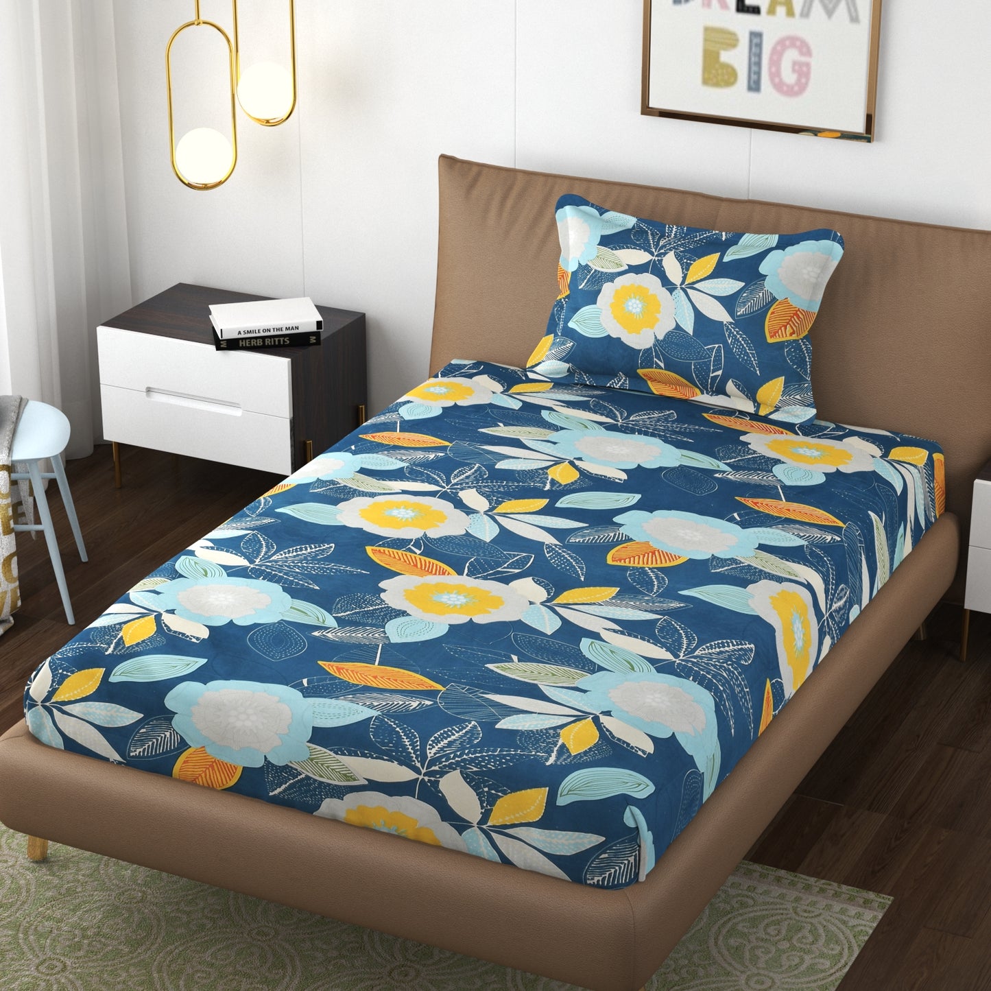 Furnofy 140 GSM Elastic Fitted Single Bedsheet (78 * 48 inches with 6" to 8" Pocket Size) with 1 Pillow Cover (18x 27 inches) - Floral Multicolors