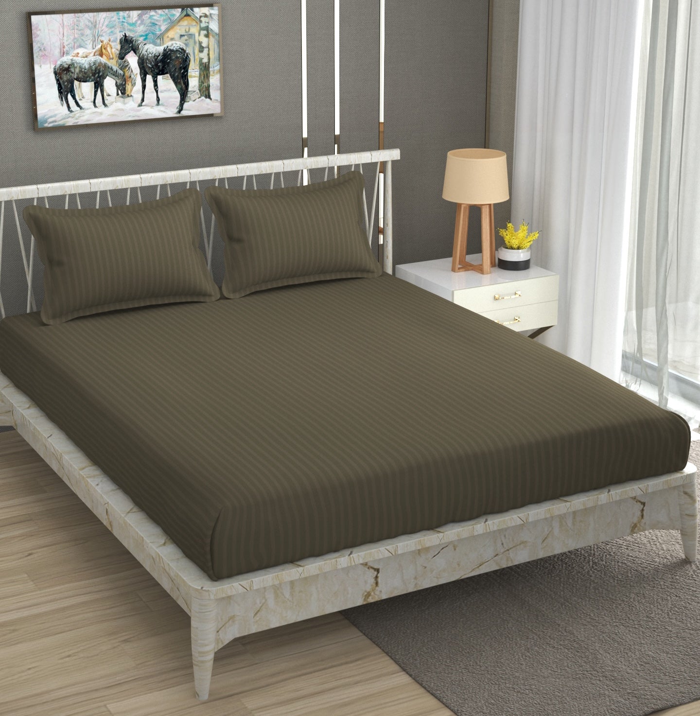Furnofy Premium King Bedsheet with 2 Pillow Covers (108x108 Inches) - Satin Stripe, Olive Green