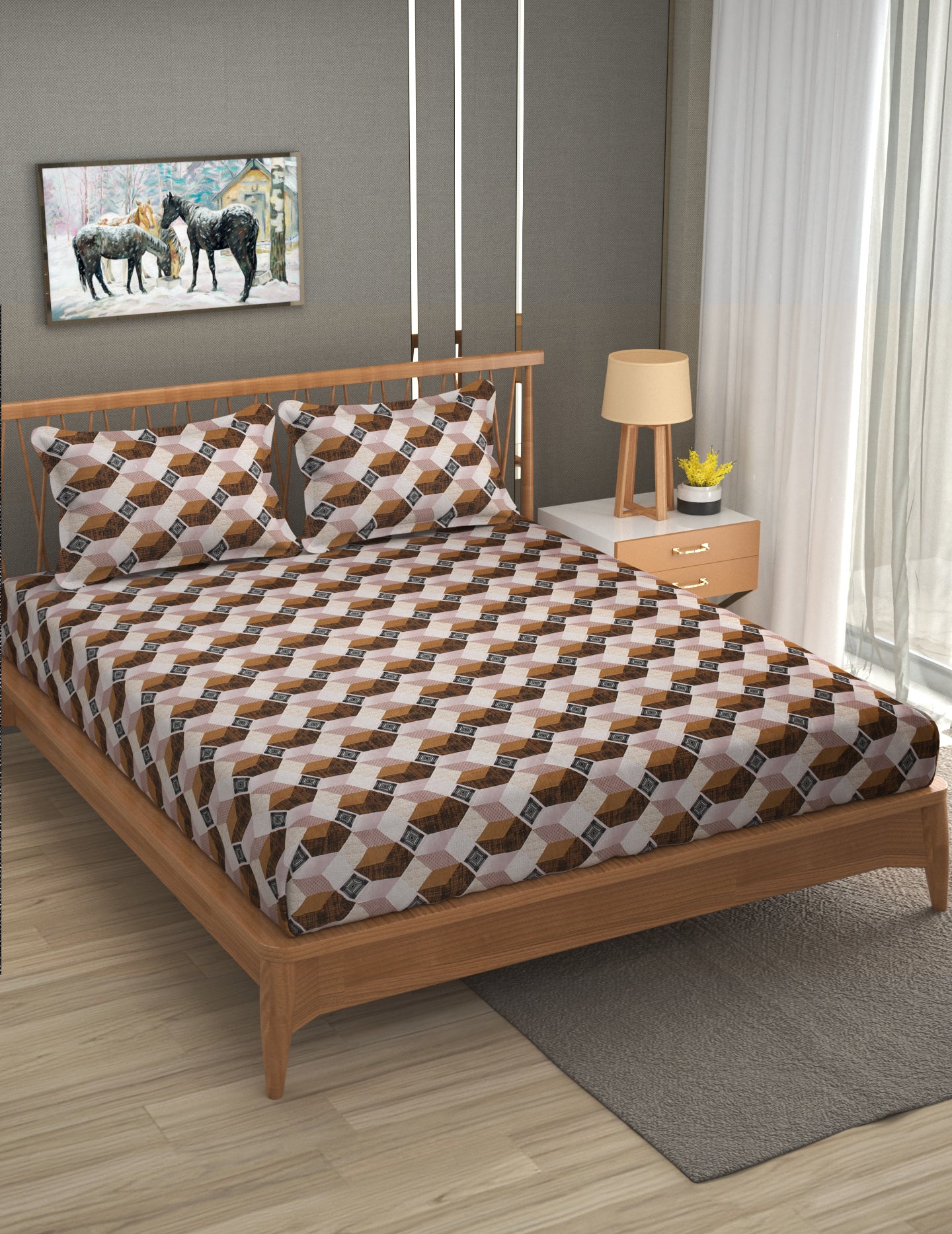 Furnofy Premium Printed Double Bedsheet (90x100 Inches) with 2 Pillow Covers (Flat, Wave) - Brown & Black