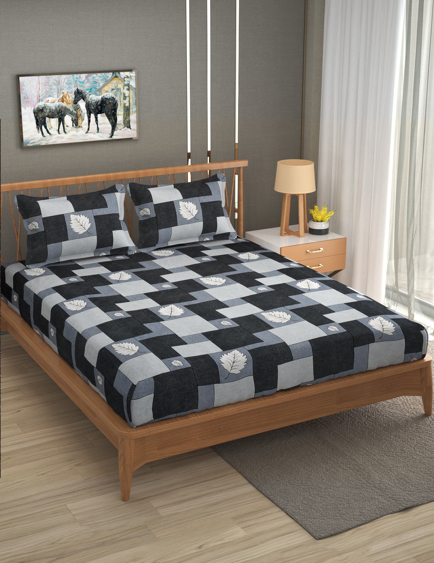 Furnofy Premium Printed Double Bedsheet (90x100 Inches) with 2 Pillow Covers (Flat, Geometric) - Grey & Black