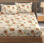 Furnofy 140 GSM Fitted Bedsheet (L-78 x B-72 + 6" Pocket) with 2 Pillow Covers - Fitted, Floral Print, Soft & Stretchable