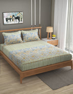 Furnofy Premium Printed Double Bedsheet (90x100 Inches) with 2 Pillow Covers - Flat, Olive Green & Blue - Pattern
