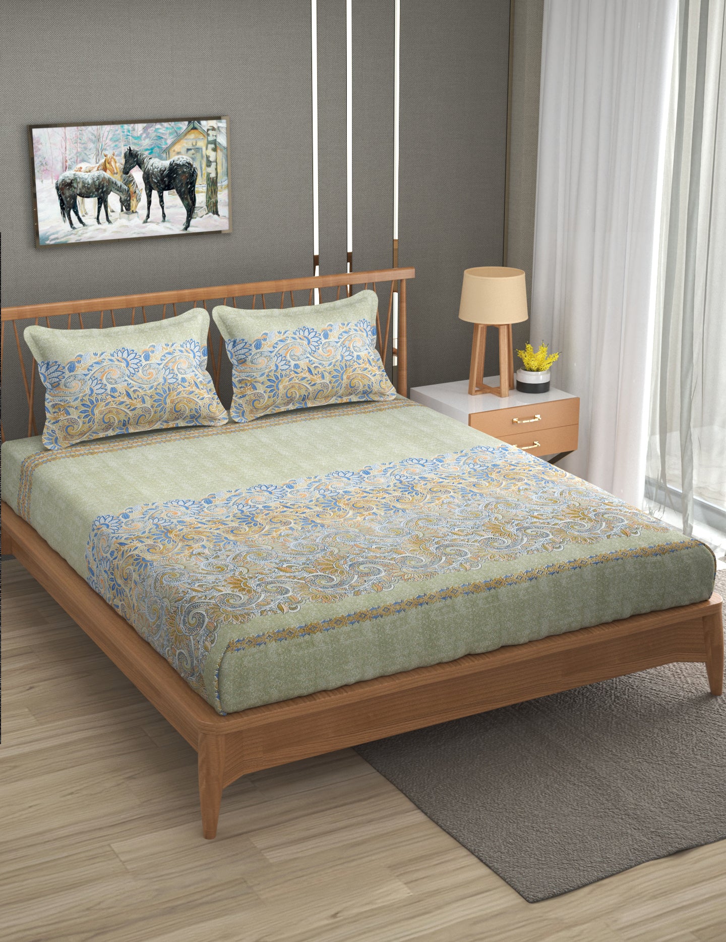 Furnofy Premium Printed Double Bedsheet (90x100 Inches) with 2 Pillow Covers - Flat, Olive Green & Blue - Pattern