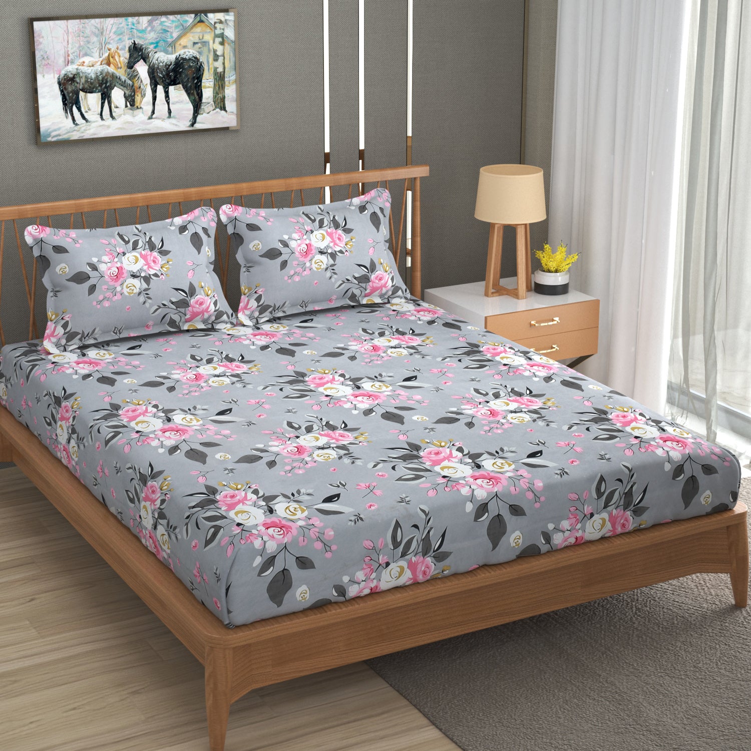 Furnofy Premium Fitted Double Bedsheet with 2 Pillow Covers (L-78" x B-72" + 6" Pocket) - Fitted, Grey and Pink - Floral