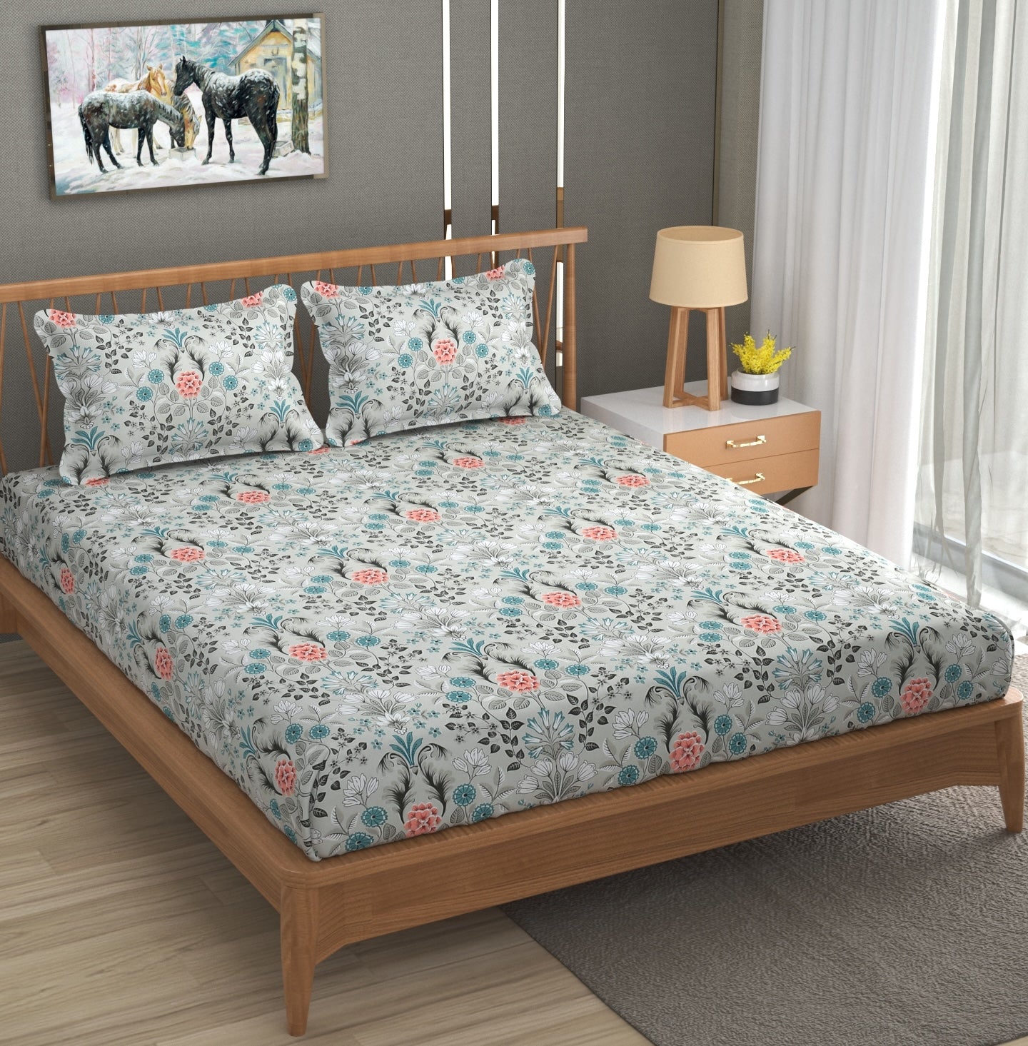 Furnofy 140 GSM Double Bedsheet (90x100 Inches) with 2 Pillow Covers (Flat, White-Blue Flowers), Soft & Durable