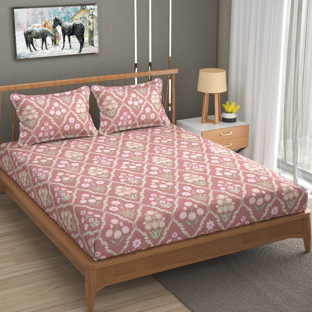 Furnofy 140 GSM Flat King Size Bedsheet (108 x 108 inches) with 2 Pillow Covers (18 x 27 inches) - Pink - Floral