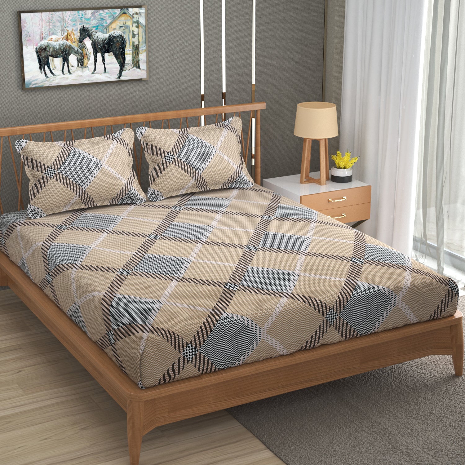 Furnofy Premium Fitted Double Bedsheet with 2 Pillow Covers (L-78" x B-72" + 6" Pocket) - Fitted, Brown & Black - Geometric