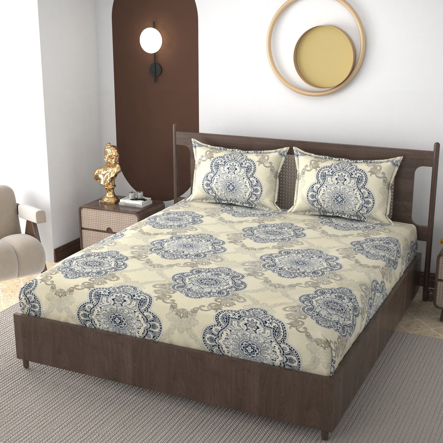 Furnofy 140 GSM Fitted  Double Bedsheet (78"x72" + 6" Pocket Size) with 2 Pillow Covers (18x27 inches) - Abstract Cream