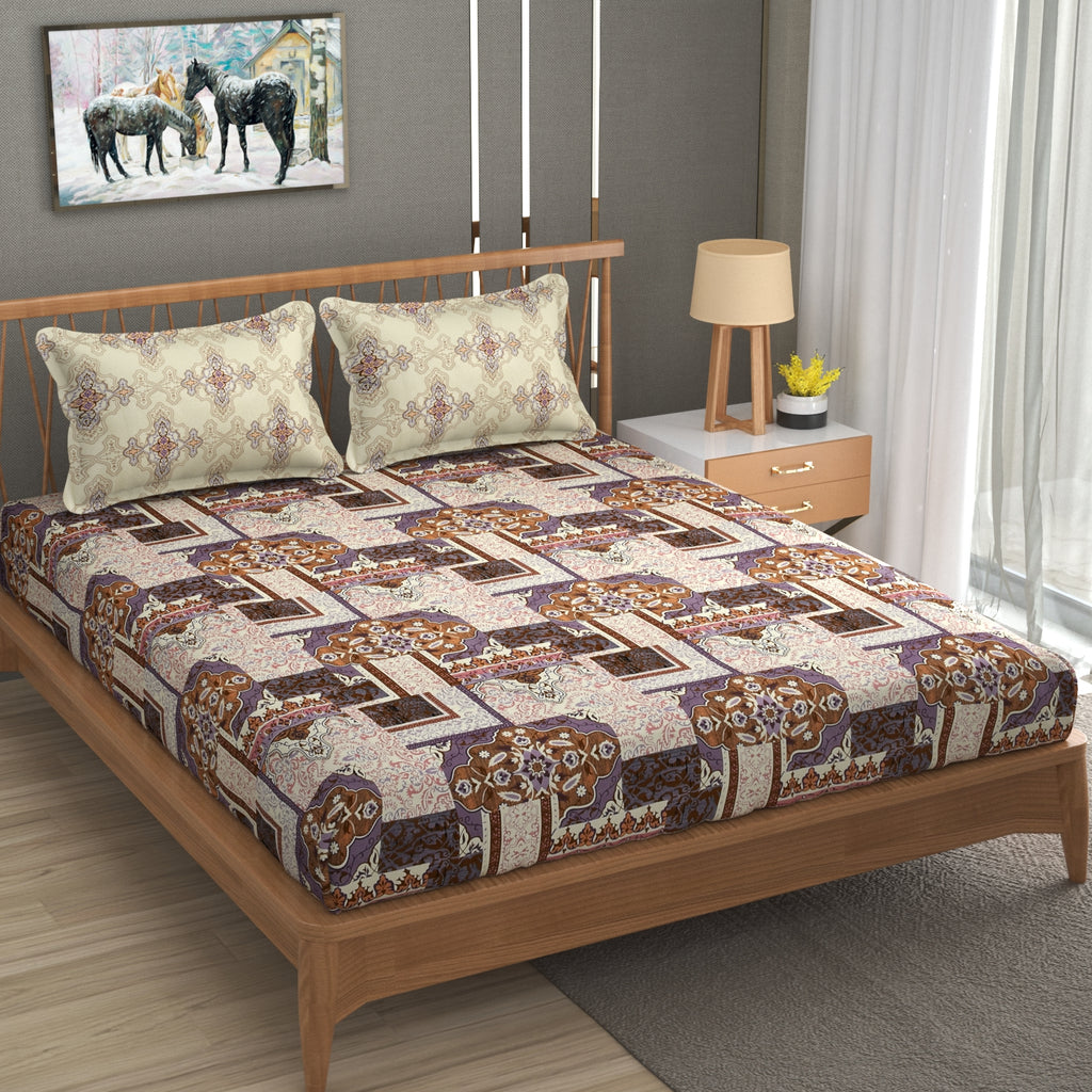 Furnofy Premium Cordinated King Bedsheet with 2 Pillow Covers (108x108 Inches) - Flat, Multi, Antique print