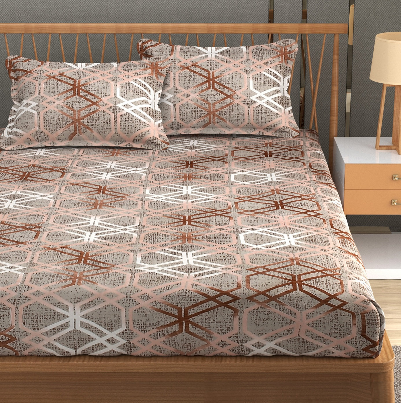 Furnofy 140 GSM Fitted  Double Bedsheet (78"x72" + 6" Pocket Size) with 2 Pillow Covers (18x27 inches) - Abstract