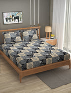 Furnofy Premium Printed Double Bedsheet (90x100 Inches) with 2 Pillow Covers (Flat, Blocks) - Grey & Beige