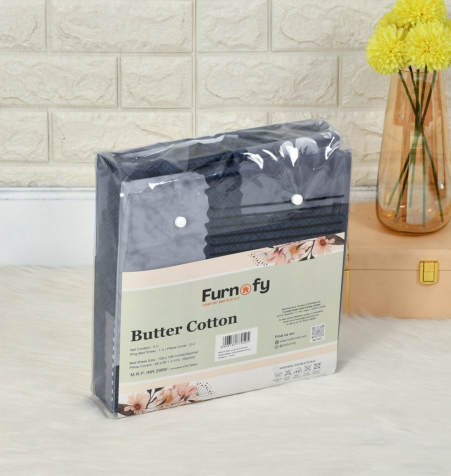 Furnofy Super Premium Printed King Bedsheet (108x108 Inches) with 2 Pillow Covers (Gift Set) - Flat, Blue & Black