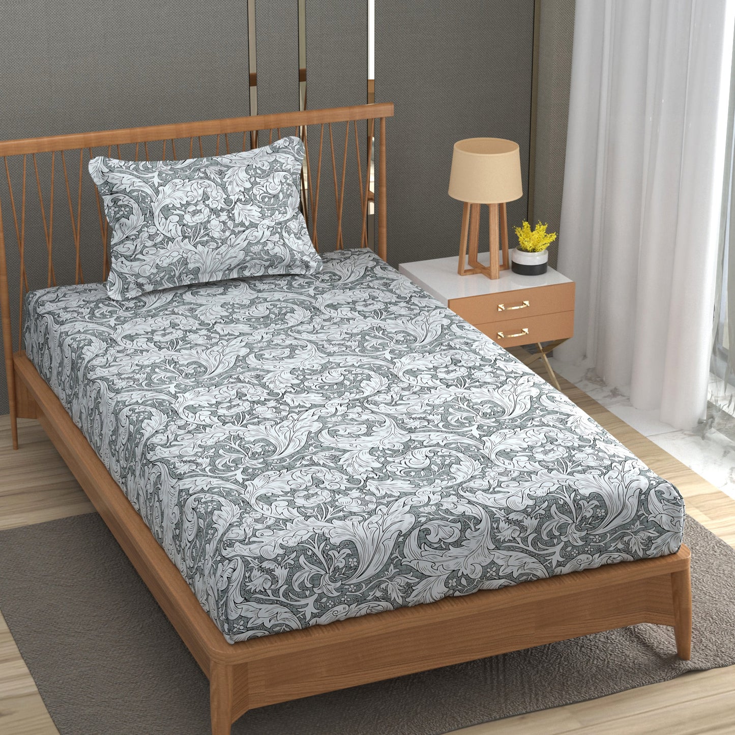 Furnofy 140 GSM Flat Single Bedsheet (60x90 inches) with 1 Pillow Cover (18x 27 inches) -Combination Of Light White And Grey.