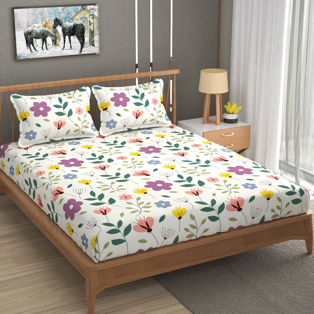 Furnofy 140 GSM Flat King Size Bedsheet (108 x 108 inches) with 2 Pillow Covers (18 x 27 inches) - White - Floral