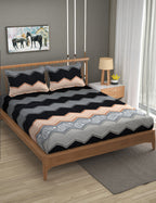 Furnofy Premium Printed Double Bedsheet (90x100 Inches) with 2 Pillow Covers (Flat, Wave) - Black, Grey and Peach