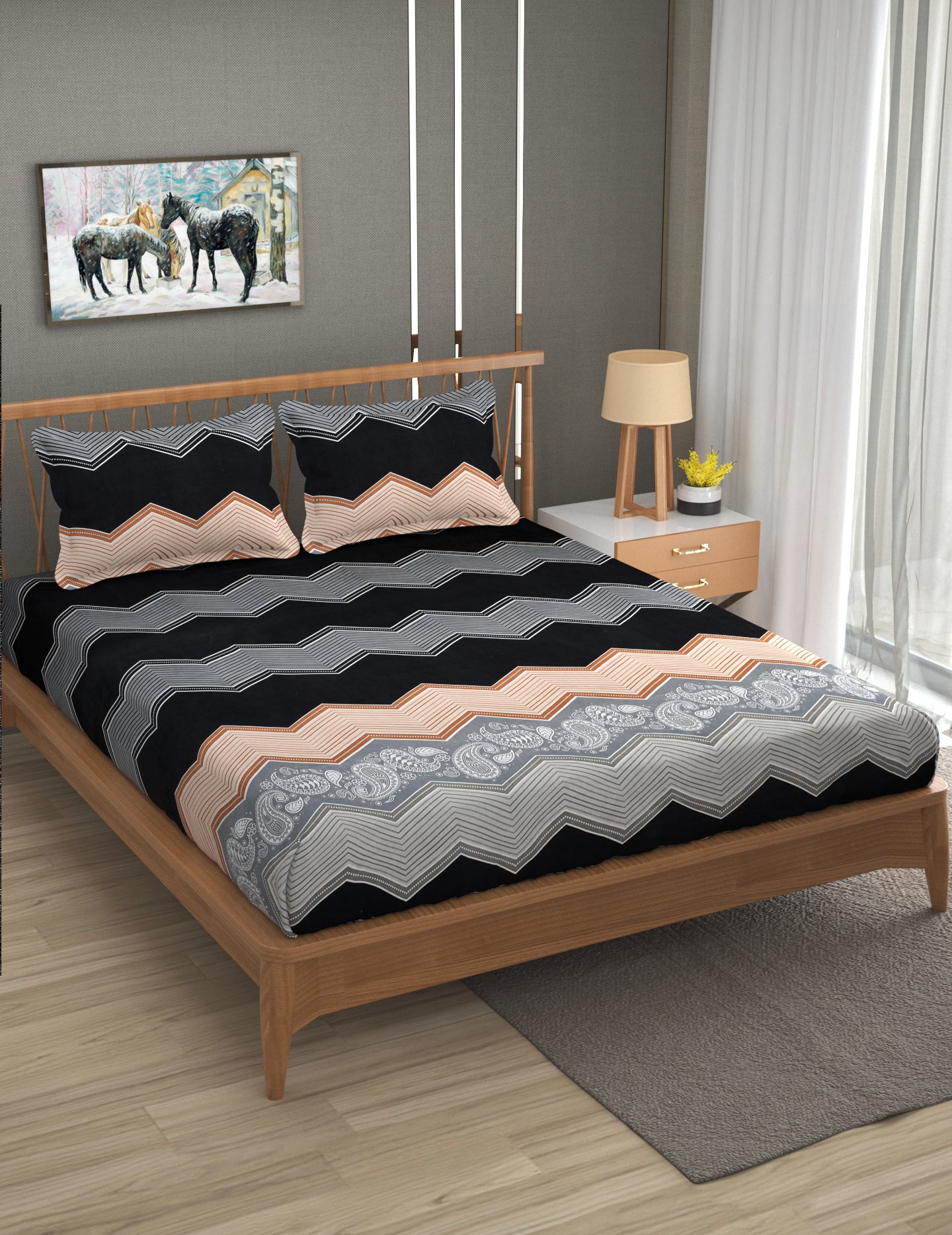 Furnofy Premium Printed Double Bedsheet (90x100 Inches) with 2 Pillow Covers (Flat, Wave) - Black, Grey and Peach