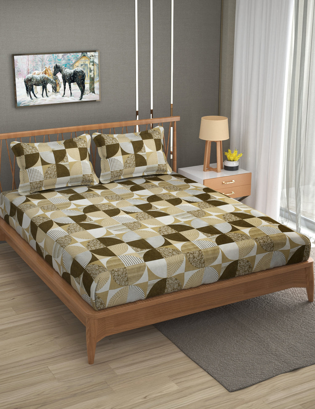 Furnofy Premium Printed Double Bedsheet (90x100 Inches) with 2 Pillow Covers (Flat, Geometric) - Mustard and Whited