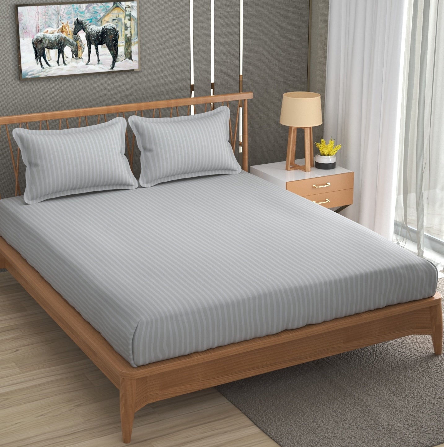 Furnofy Premium King Bedsheet with 2 Pillow Covers (108x108 Inches) - Satin Stripe, Gray