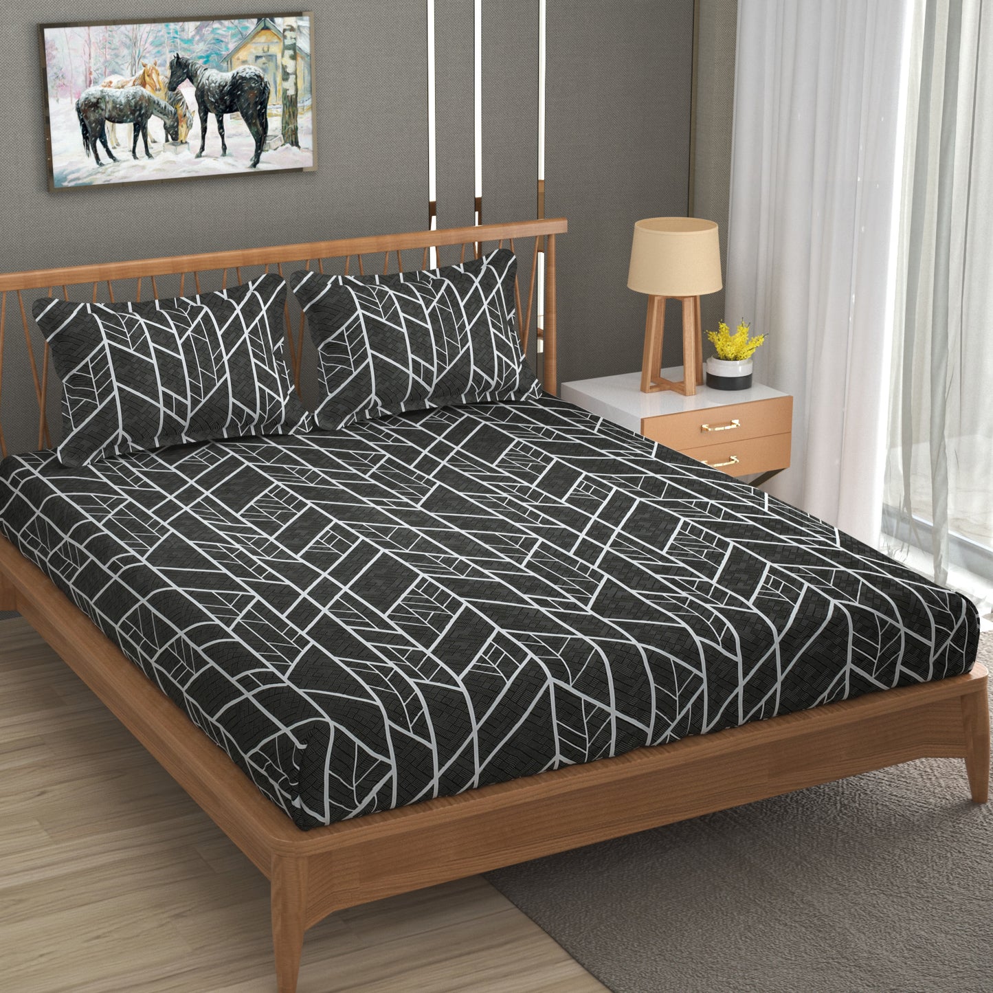 Furnofy Premium Fitted Double Bedsheet with 2 Pillow Covers (L-78" x B-72" + 6" Pocket) - Fitted, White & Black