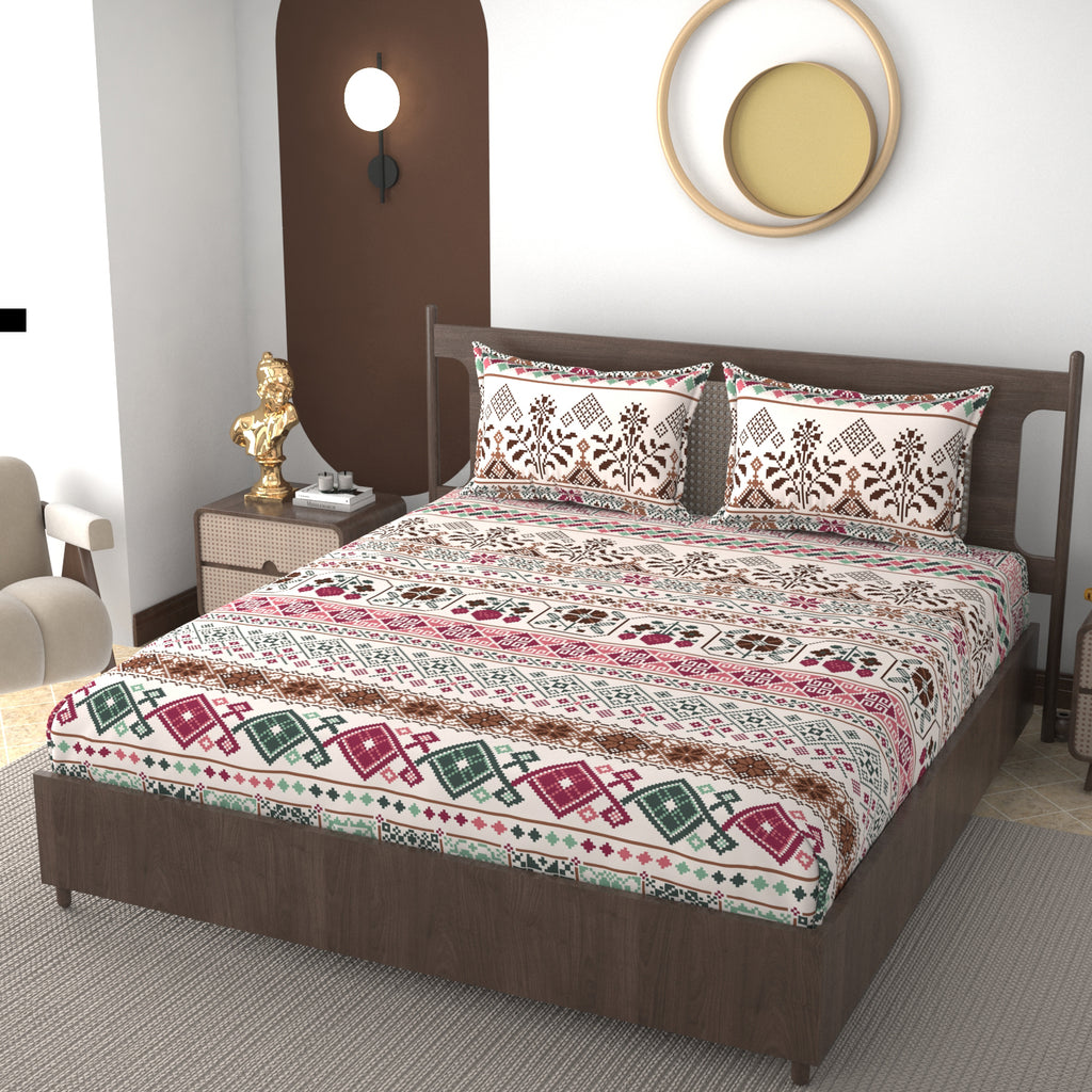 Furnofy 140 GSM Flat King Size Bedsheet (108 x 108 inches) with 2 Pillow Covers (18 x 27 inches) - Traditional Multicolors