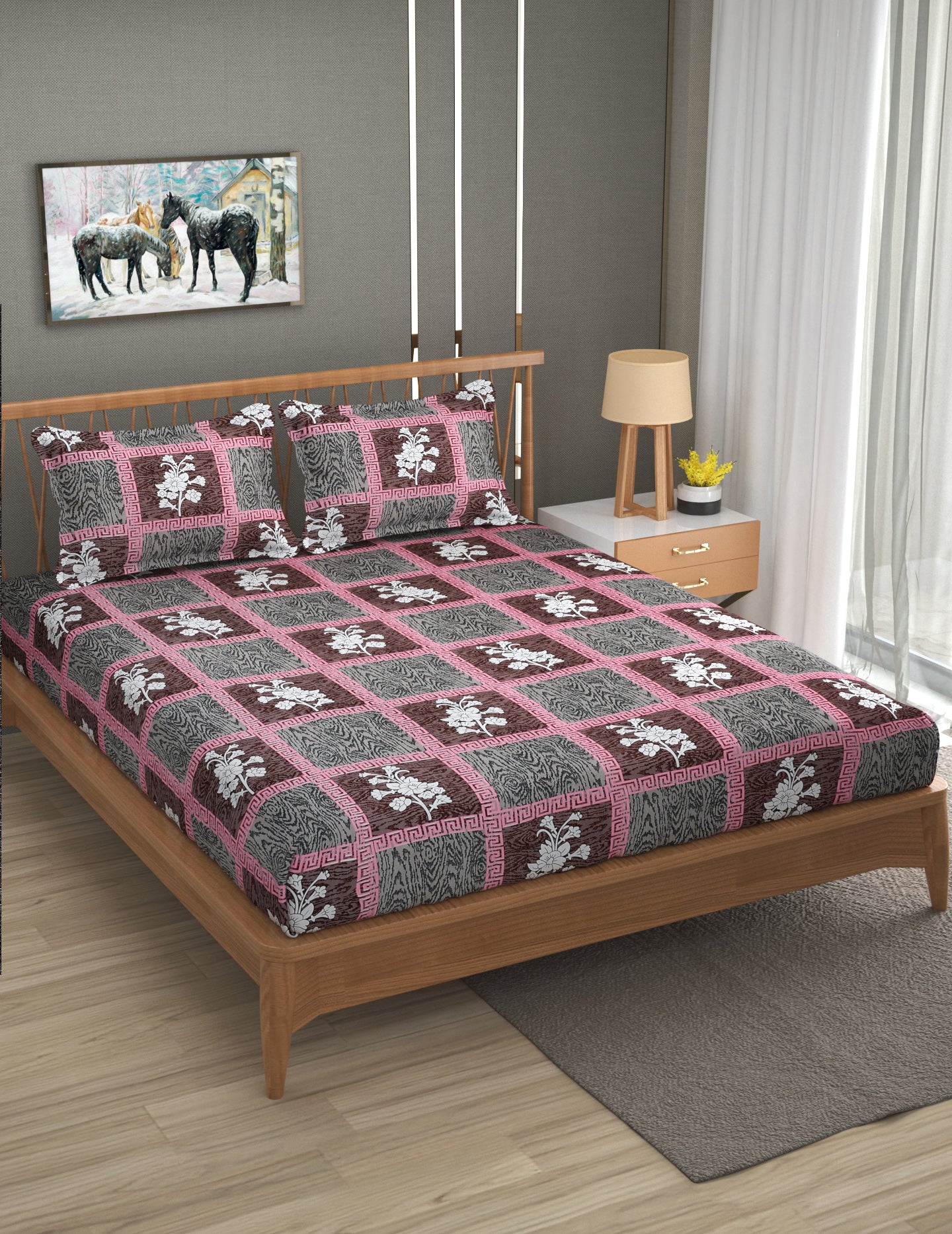 Furnofy Premium Printed Double Bedsheet (90x100 Inches) with 2 Pillow Covers (Flat, Floral) - Multicolor