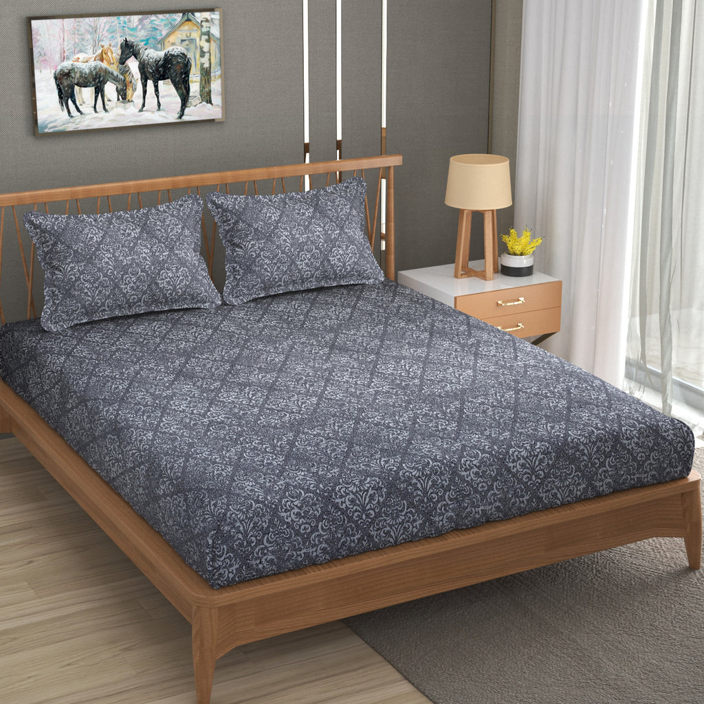 Furnofy Premium Printed Double Bedsheet (90x100 Inches) with 2 Pillow Covers - Flat, Black Floral