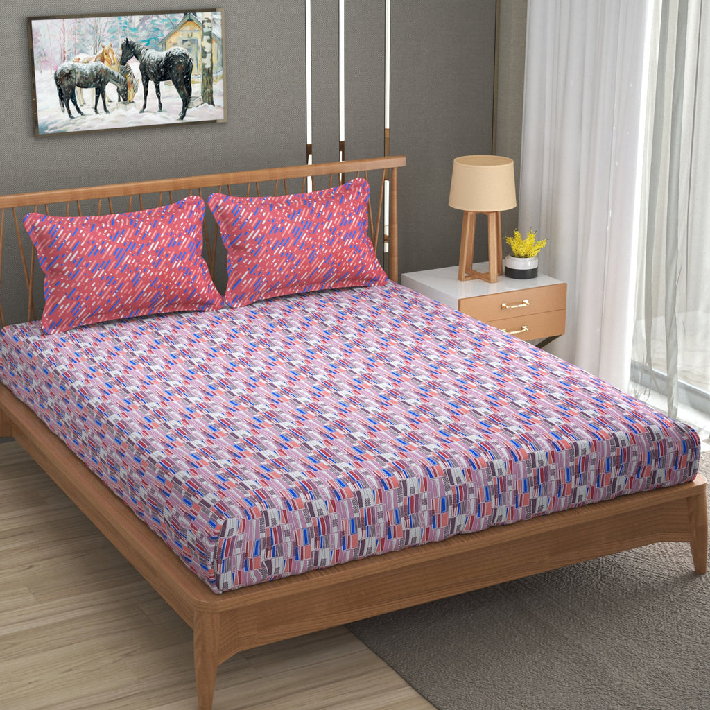 Furnofy Premium Cordinated King Bedsheet with 2 Pillow Covers (108x108 Inches) - Flat, Pink & Blue, Line Print