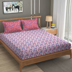 Furnofy Premium Cordinated King Bedsheet with 2 Pillow Covers (108x108 Inches) - Flat, Pink & Blue, Line Print