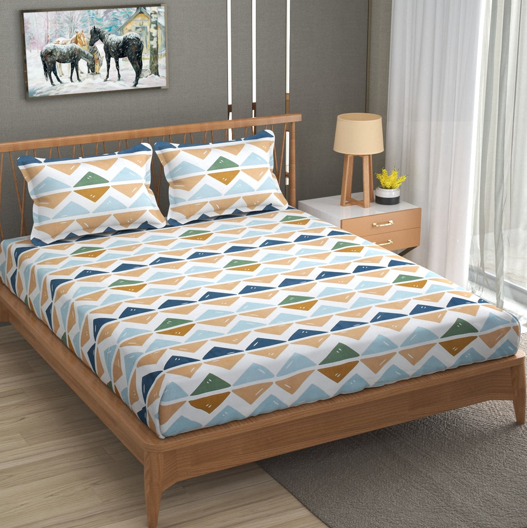Furnofy 140 GSM Flat King Size Bedsheet (108 x 108 inches) with 2 Pillow Covers (18 x 27 inches) - All Around Wave Print- Multicolors