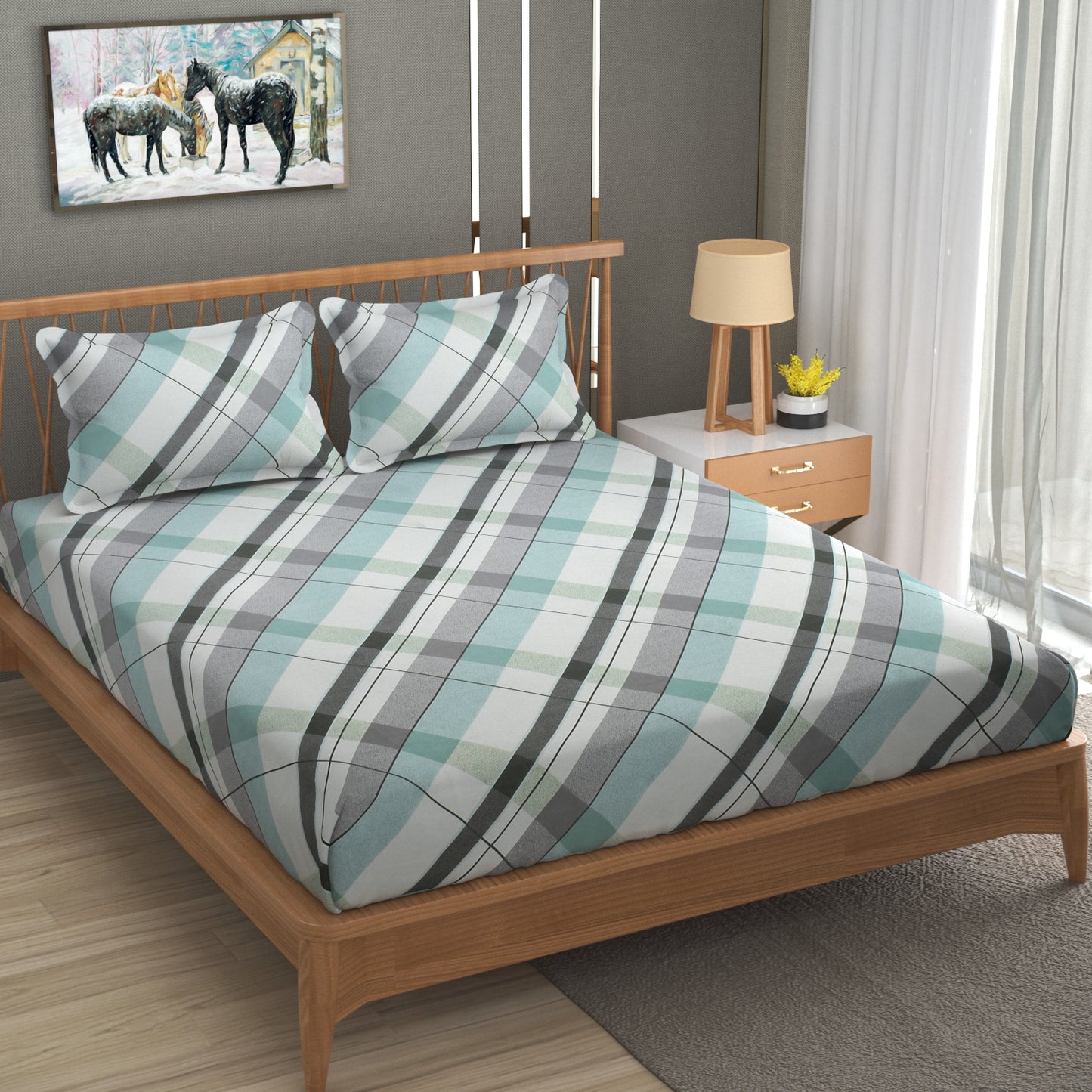 Furnofy Premium Fitted Double Bedsheet with 2 Pillow Covers (L-78" x B-72" + 6" Pocket) - Fitted, White & Aqua
