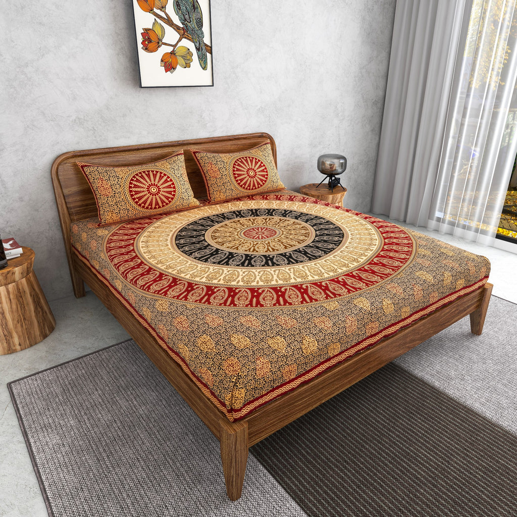 Furnofy 100% Cotton Traditional Jaipuri Print King Size Bedsheet (90x108 Inches) with 2 Matching Pillow Covers – Flat, Maroon