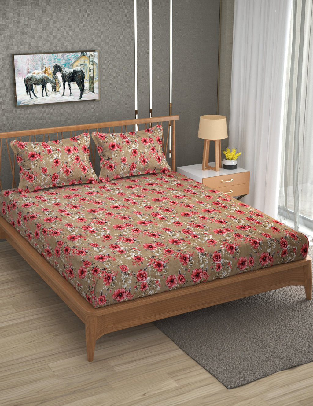 Furnofy Premium Printed Double Bedsheet (90x100 Inches) with 2 Pillow Covers (Flat, Floral) - Brown and Pink