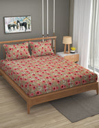 Furnofy Premium Printed Double Bedsheet (90x100 Inches) with 2 Pillow Covers (Flat, Floral) - Brown and Pink