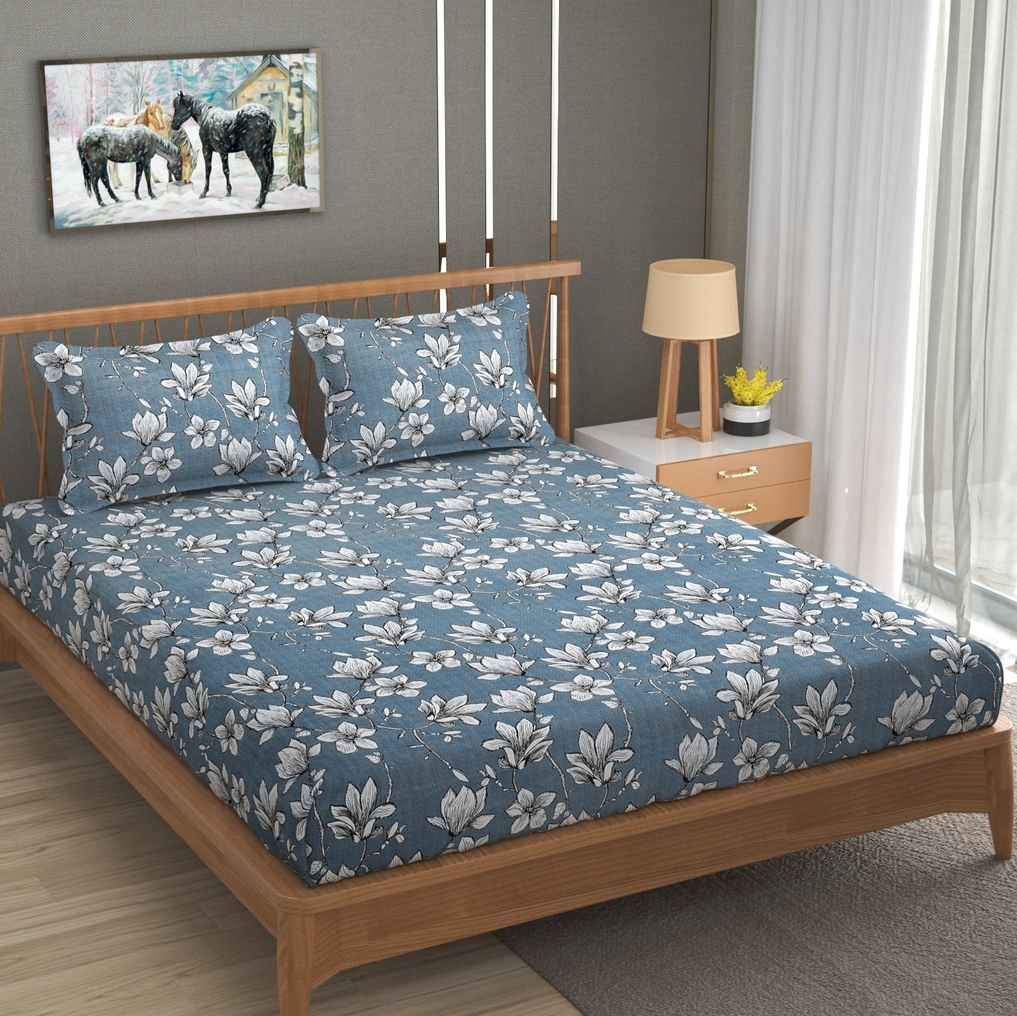 Furnofy 140 GSM Flat King Size Bedsheet (108 x 108 inches) with 2 Pillow Covers (18 x 27 inches) - Floral, Blue