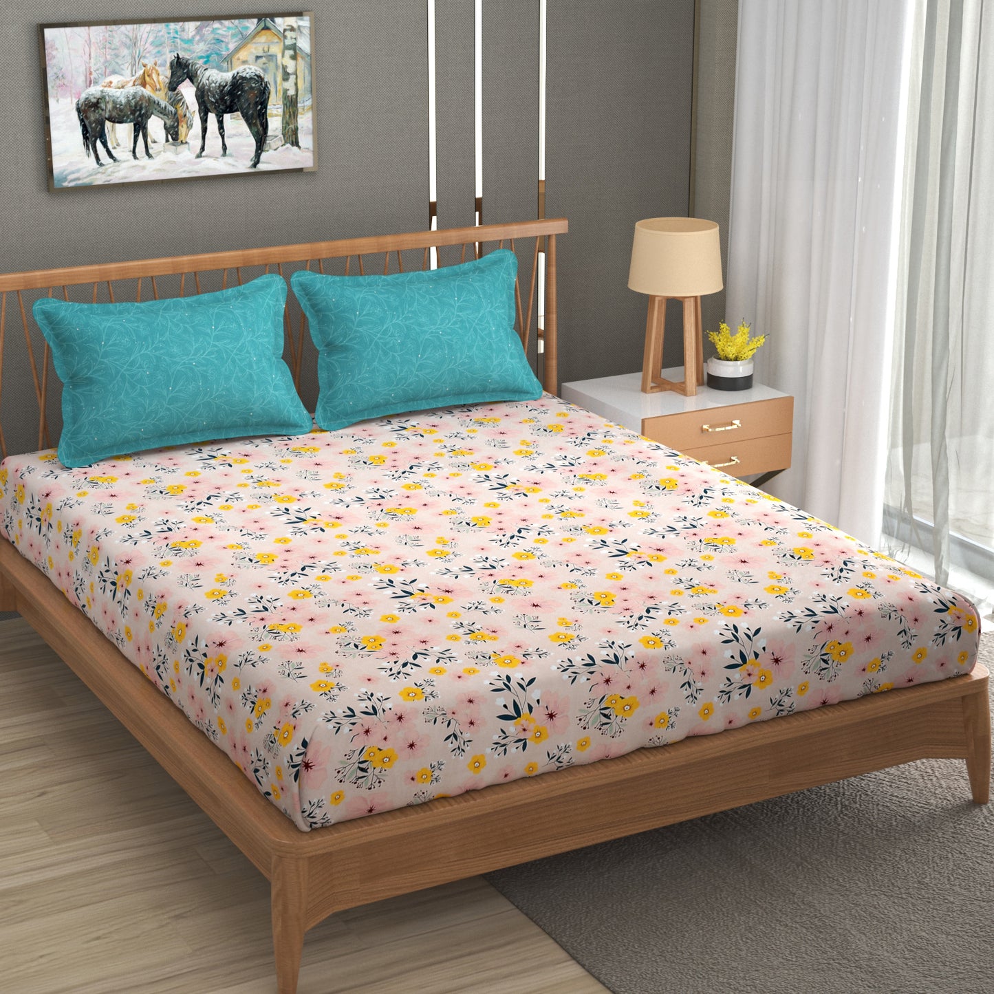 Furnofy Premium Cordinated King Bedsheet with 2 Pillow Covers (108x108 Inches) - Flat, Peach Sky Green, Floral
