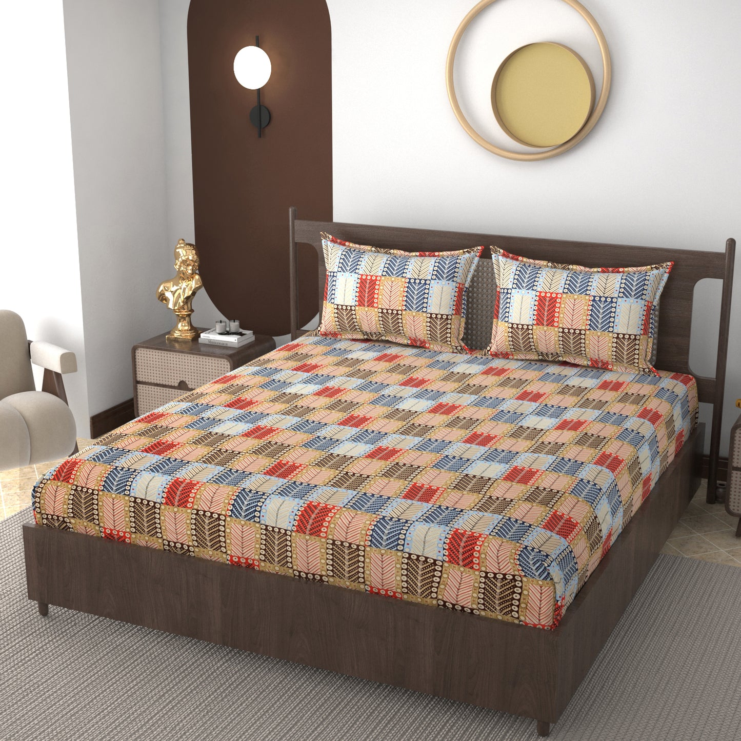 Furnofy 140 GSM Flat Double Bedsheet (90x100 inches) with 2 Pillow Covers (18x 27 inches) - Geometric Multicolors