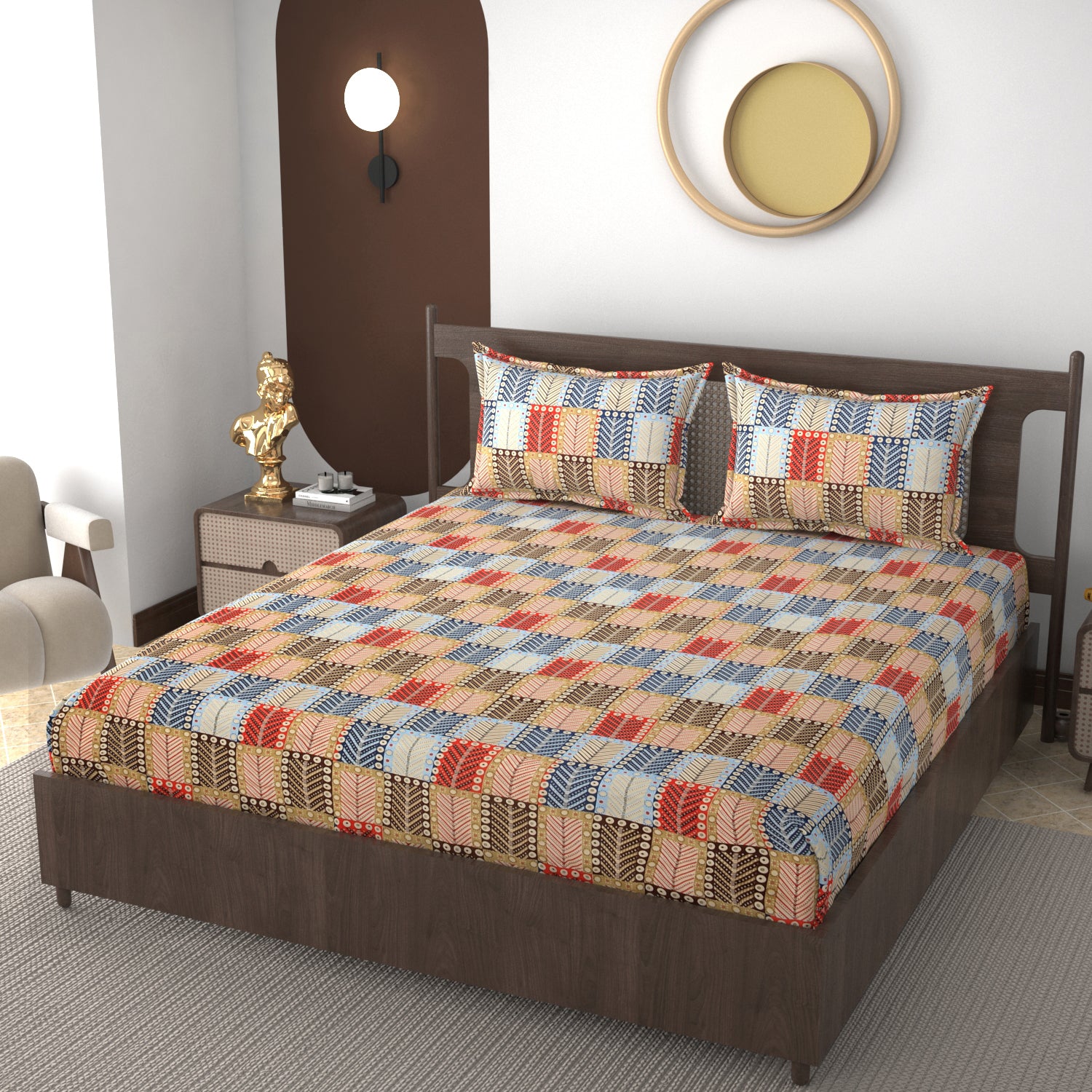 Furnofy 140 GSM Flat Double Bedsheet (90x100 inches) with 2 Pillow Covers (18x 27 inches) - Geometric Multicolors
