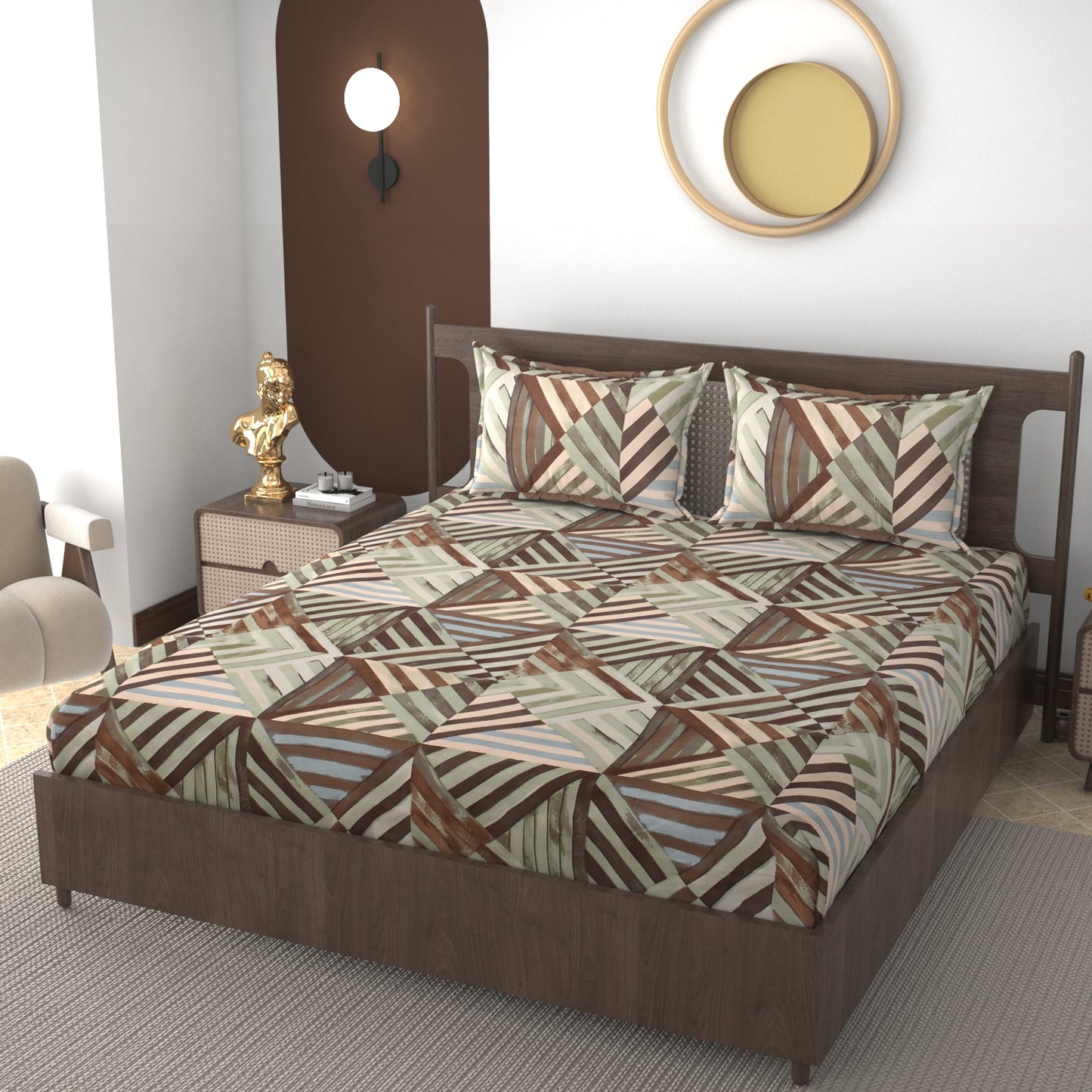Furnofy 140 GSM Fitted  Double Bedsheet (78"x72" + 6" Pocket Size) with 2 Pillow Covers (18x27 inches) - Abstract Brown