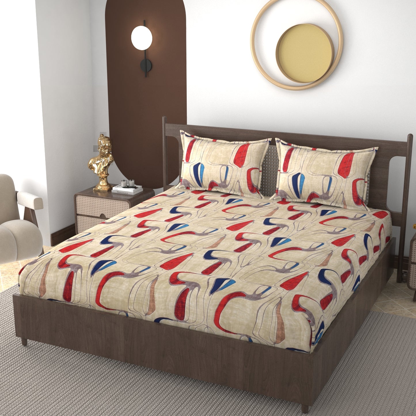 Furnofy 140 GSM Fitted  Double Bedsheet (78"x72" + 6" Pocket Size) with 2 Pillow Covers (18x27 inches) - Abstract