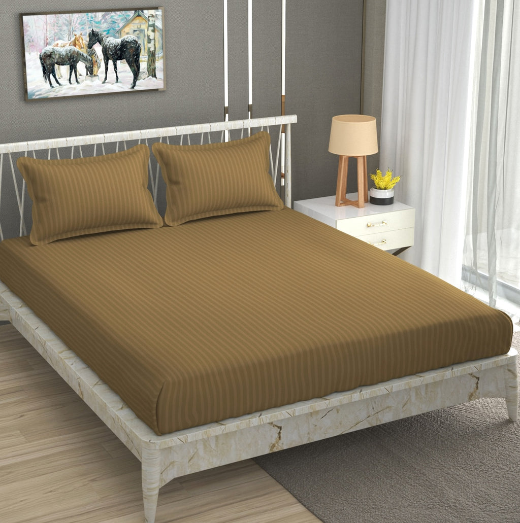 Furnofy Premium King Bedsheet with 2 Pillow Covers (108x108 Inches) - Satin Stripe, Camel