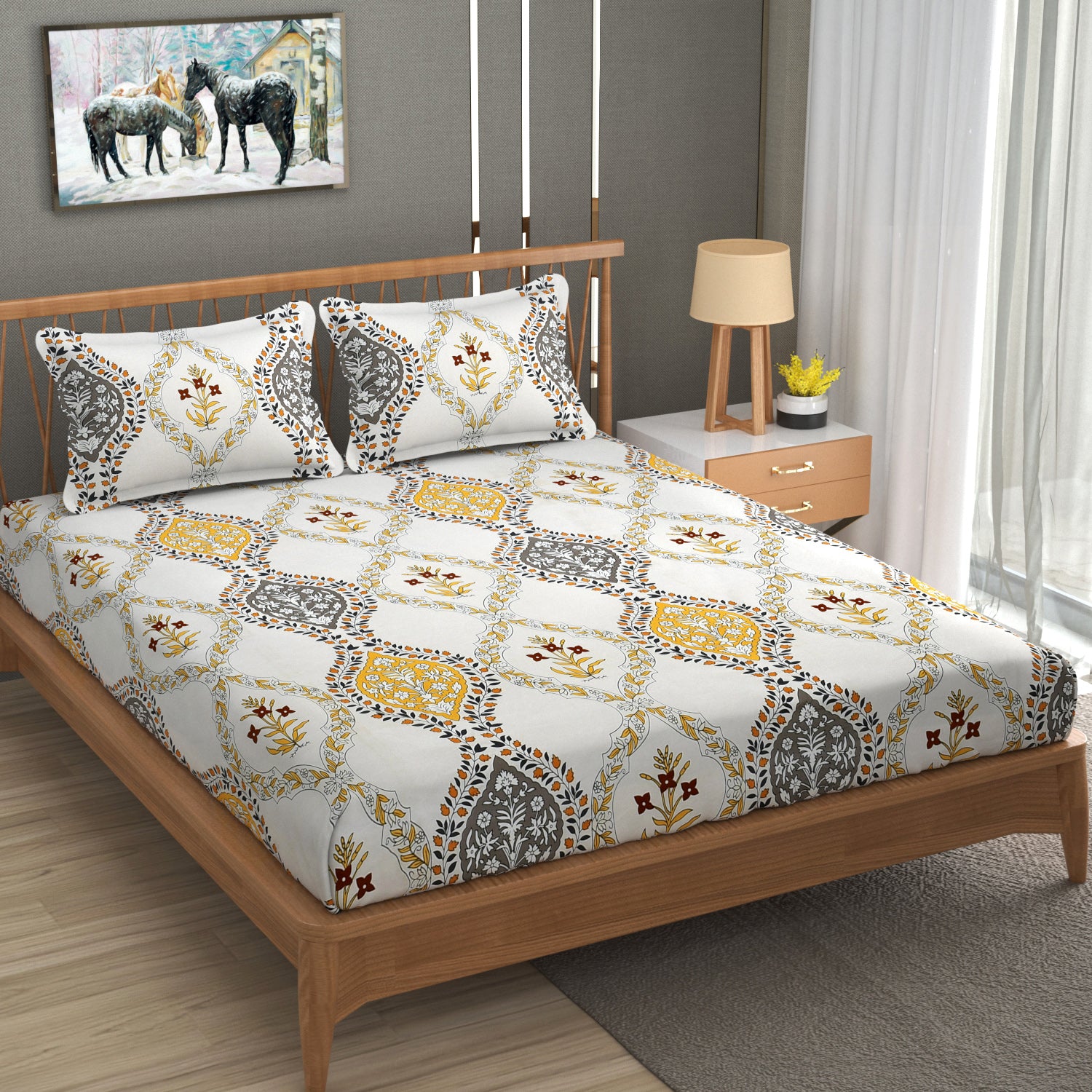 Furnofy Premium Fitted Double Bedsheet with 2 Pillow Covers (L-78" x B-72" + 6" Pocket) - Fitted, White